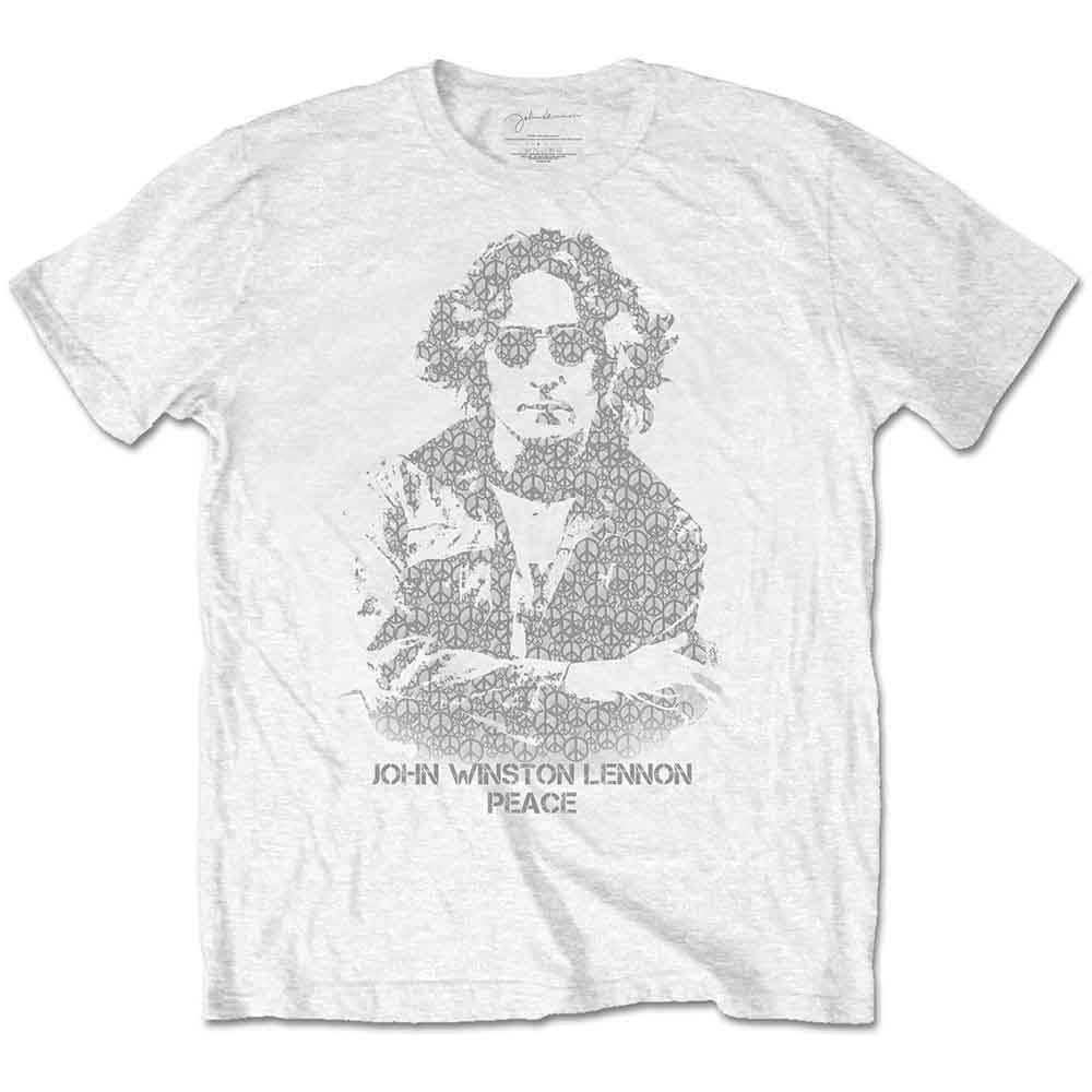 White t-shirt with a portrait of John Lennon and a peace symbol.