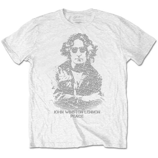 White t-shirt with a portrait of John Lennon and a peace symbol.