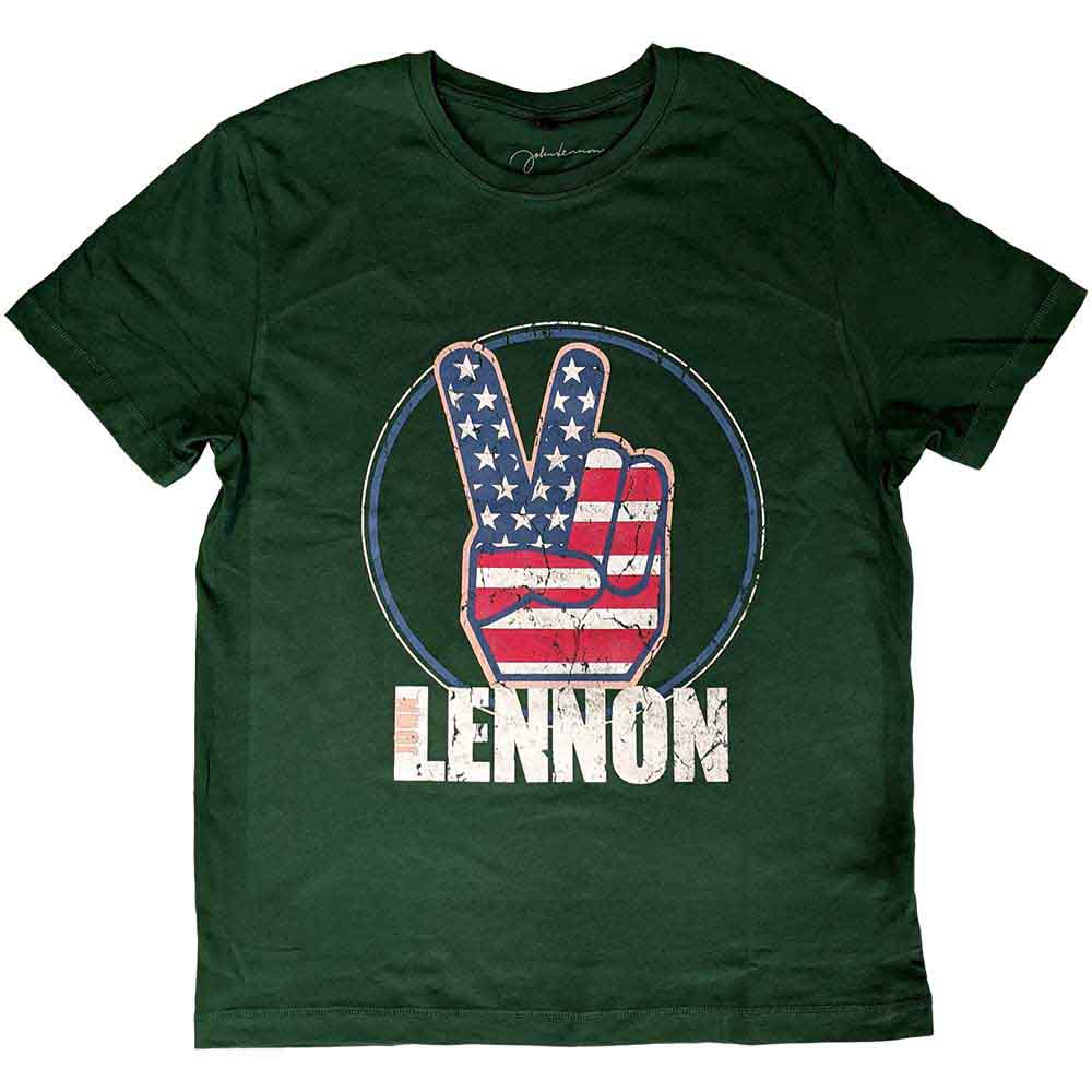 Green t-shirt with peace sign hand graphic featuring a US flag design.