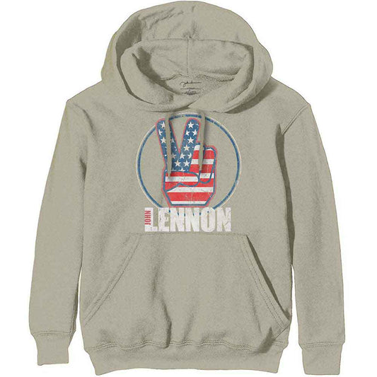 Dark hoodie with John Lennon portrait and peace sign US flag graphic.