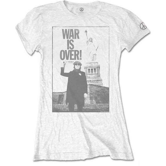 White women's t-shirt with black and white "War Is Over!" graphic.