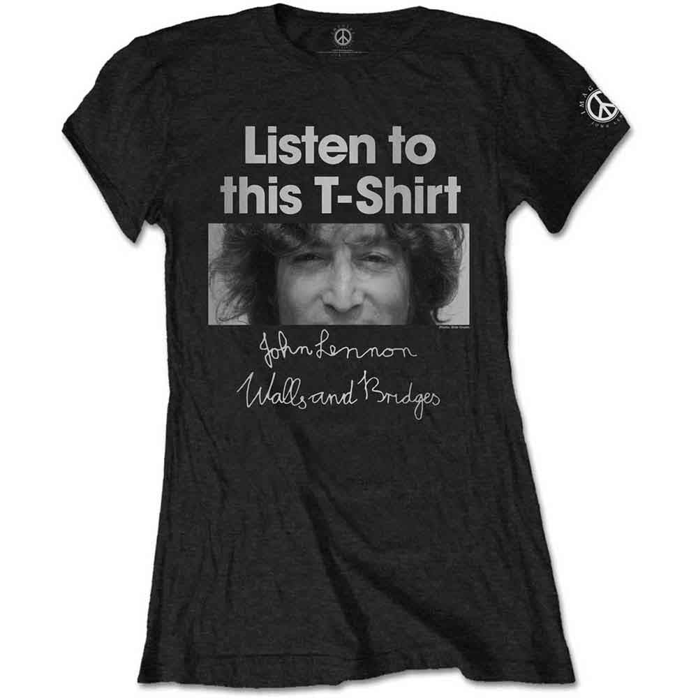 Black women's t-shirt with a portrait of John Lennon and text.