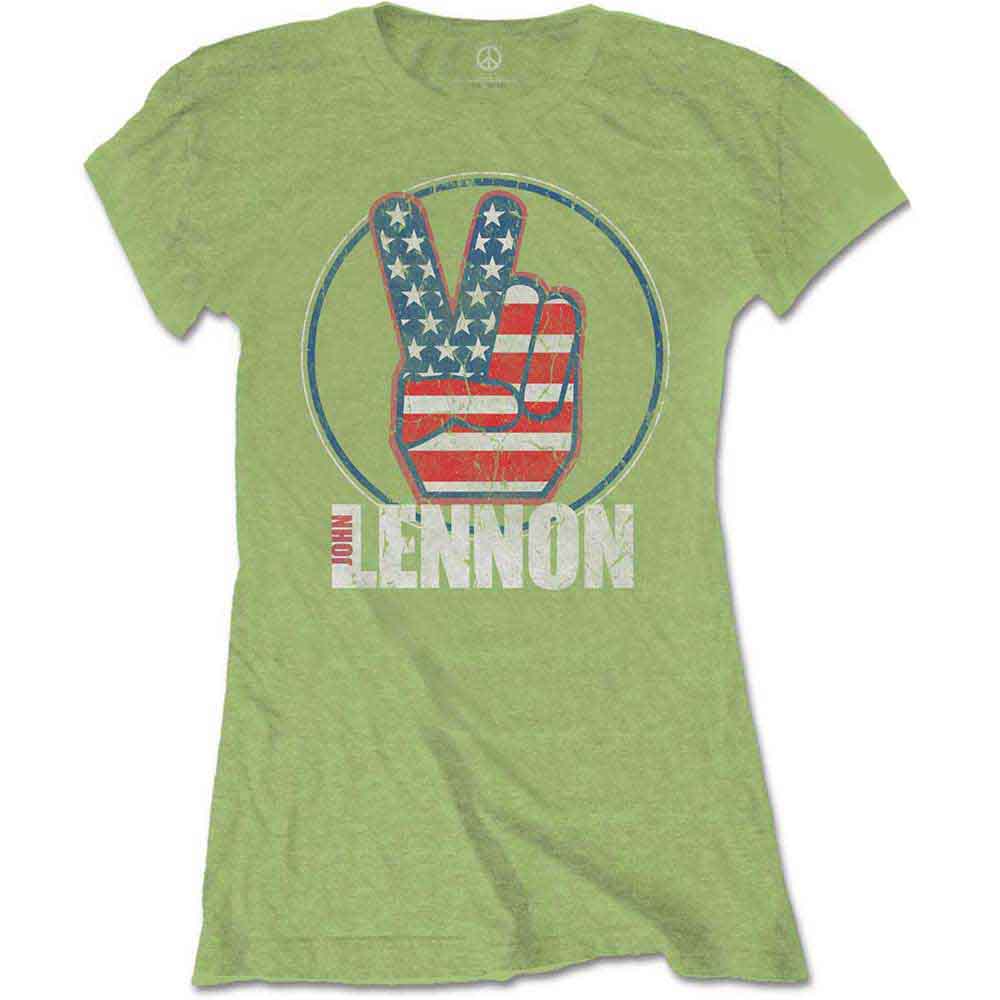 Green t-shirt with John Lennon’s name and peace sign flag design.