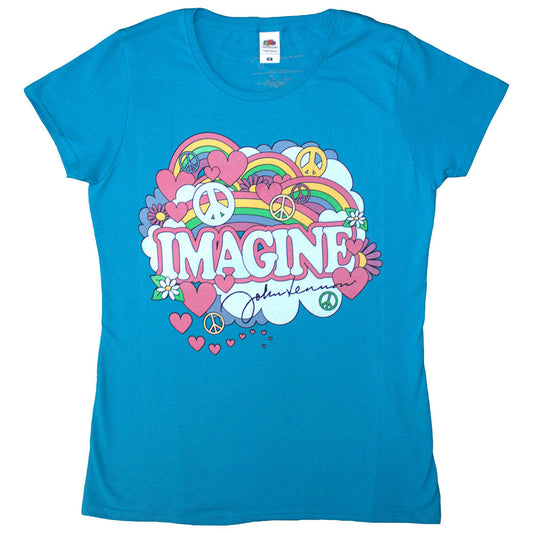 Woman wearing a turquoise t-shirt with a rainbow and "Imagine" design.