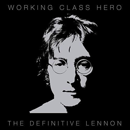 Black and white portrait of John Lennon with round glasses.