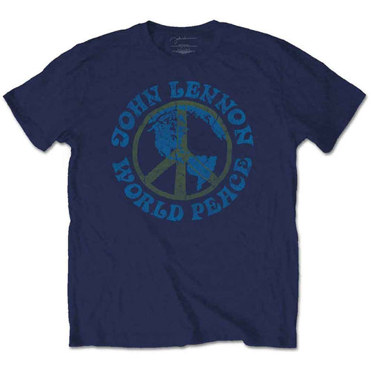 Navy blue t-shirt with a circular John Lennon "World Peace" logo.