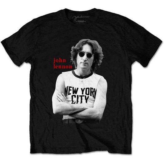 Black t-shirt with a black and white portrait of John Lennon and "New York City".