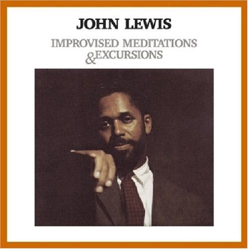The image depicts the album cover for John Lewis' "Improvised Meditations & Excursions". The alt text for this image is: "Album cover featuring a man in a suit pointing."