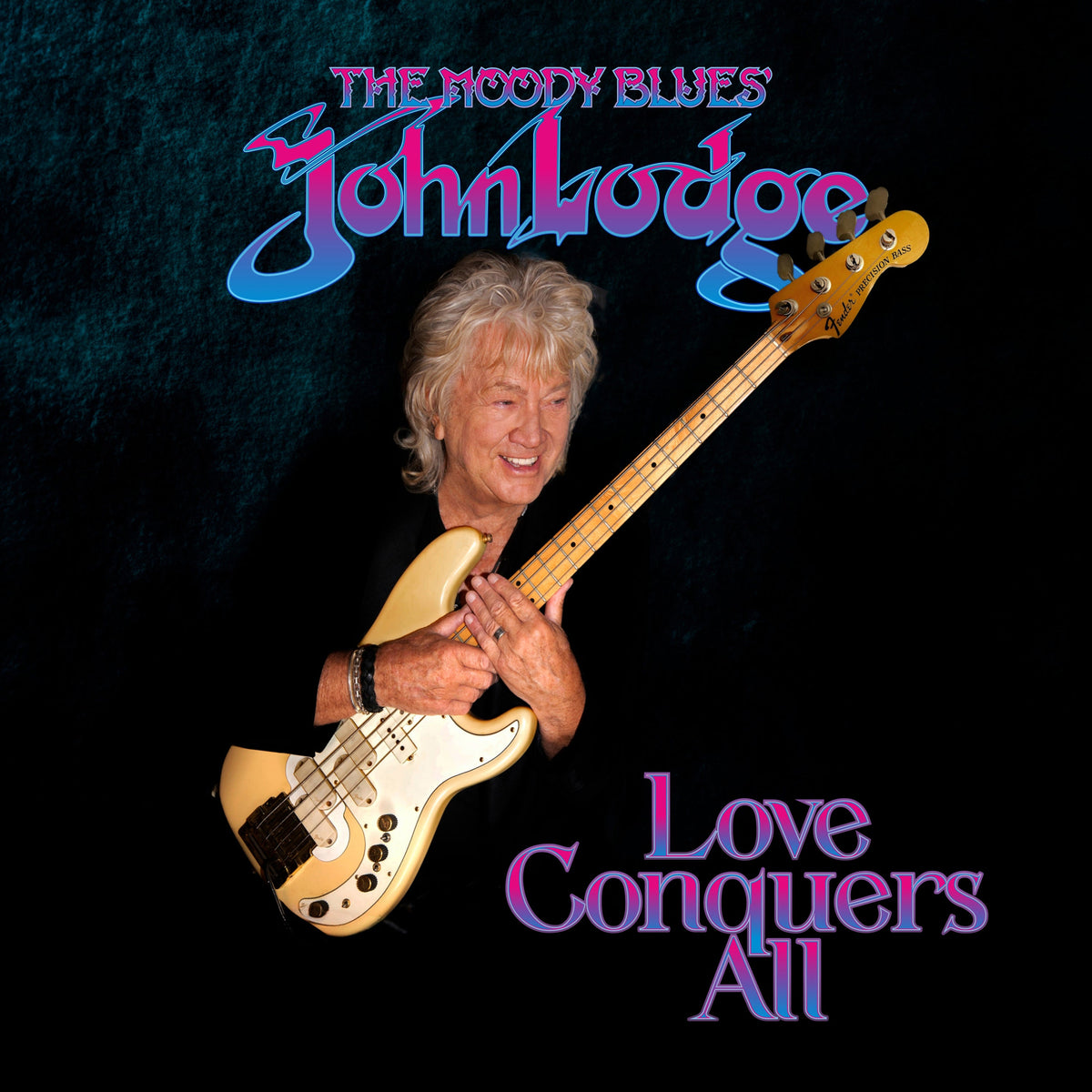 CD cover featuring John Lodge with a bass guitar, titled "Love Conquers All".