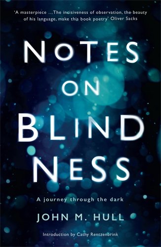 Book cover for “Notes on Blindness” with blurred, dark blue imagery.