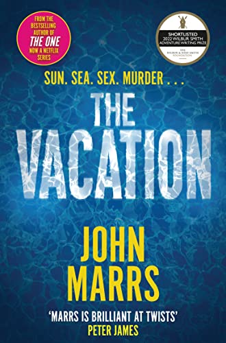 Book cover: "The Vacation" by John Marrs, with blue and white waves.