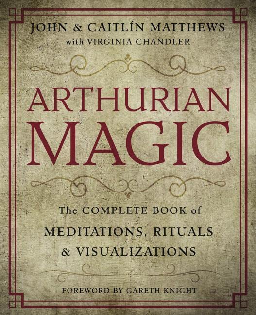 Book cover: “Arthurian Magic” with ornate red border and gold lettering.