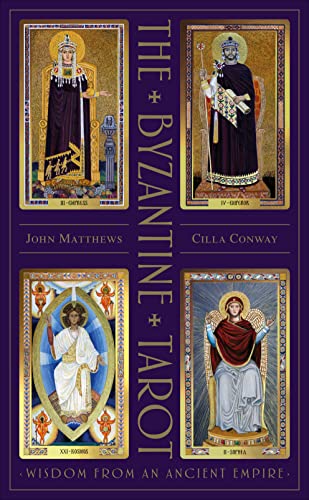 Byzantine Tarot box featuring four illustrated tarot cards with regal figures.