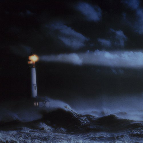 Dark, stormy seascape with a lit lighthouse beam cutting through clouds.