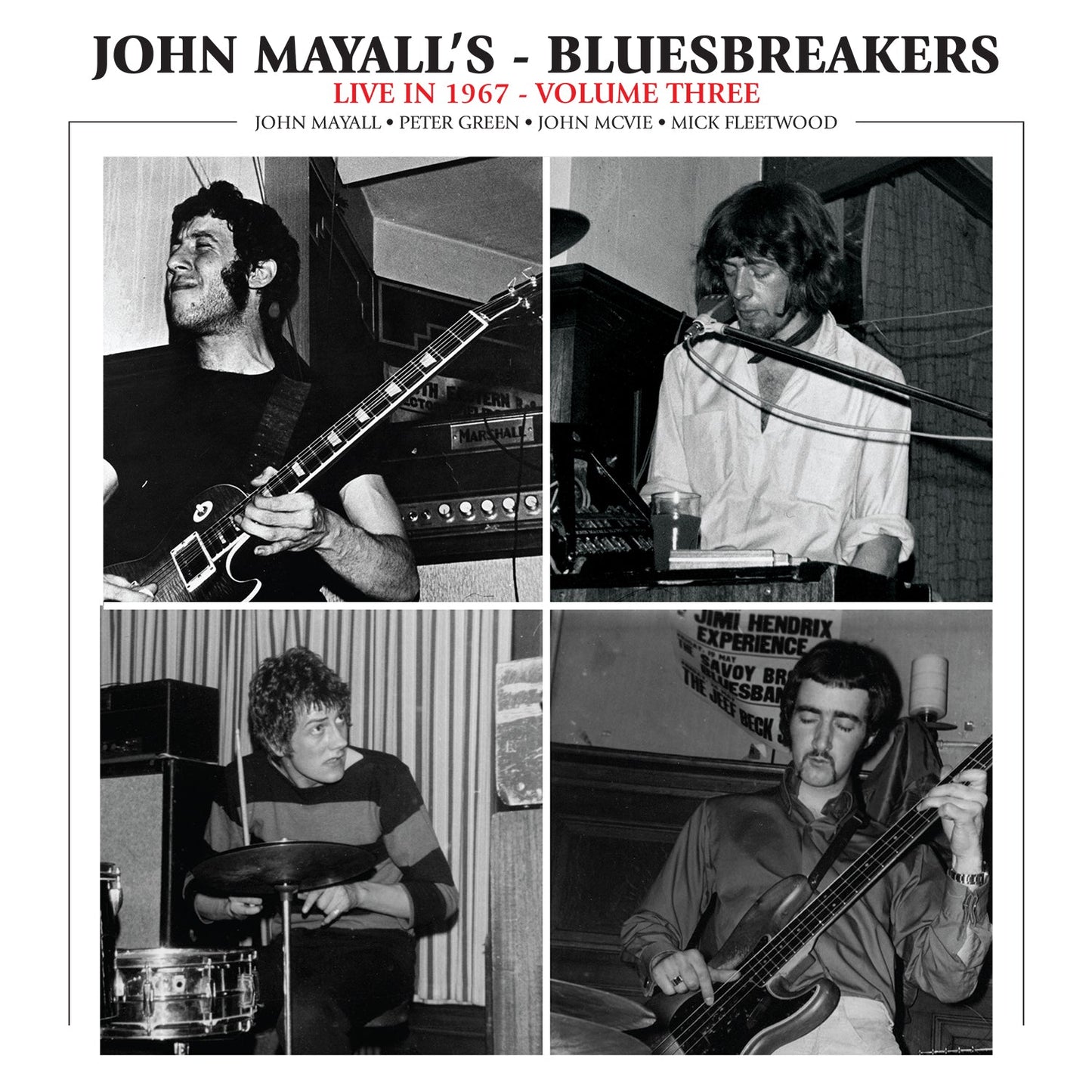 "Black and white album cover featuring four musicians playing instruments."