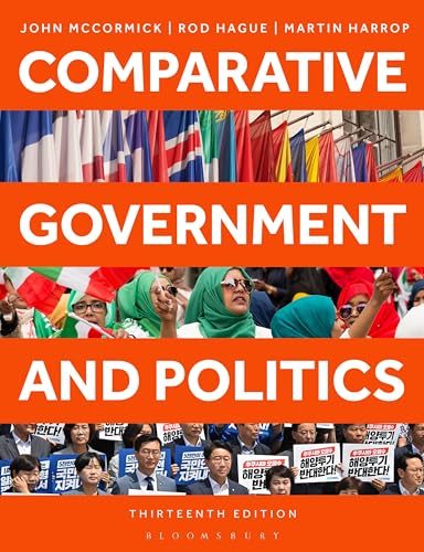Book cover titled Comparative Government and Politics featuring flags, protesters, and a crowd.