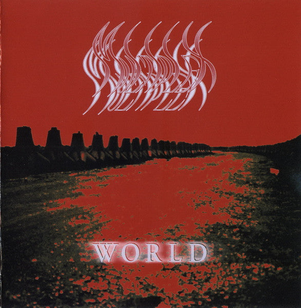 Red book cover with white script, silhouetted cityscape, and the word "WORLD".