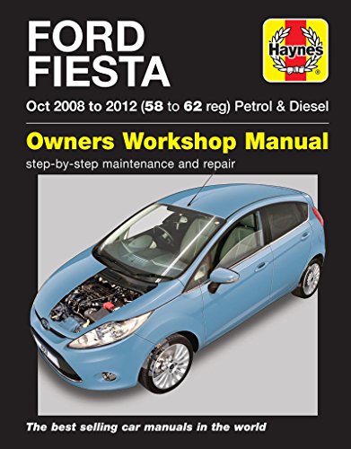 Haynes Ford Fiesta workshop manual cover showing a light blue car with hood open.