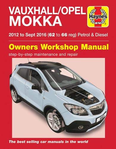 Haynes manual cover featuring a light blue Vauxhall Mokka car.
