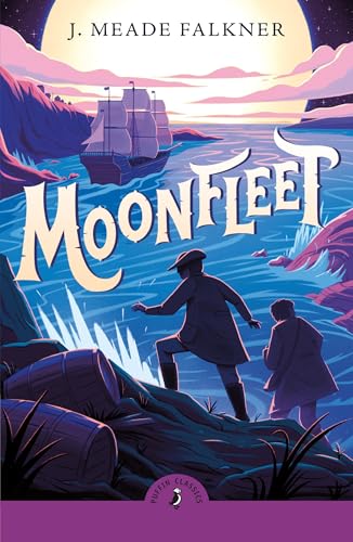 Book cover for “Moonfleet” featuring a ship, coastline, and figures.