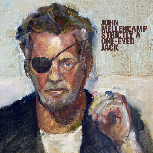Painted portrait of John Mellencamp with an eye patch, album cover.