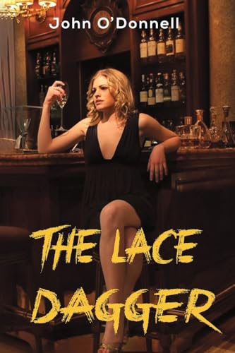Book cover: woman at bar, title “The Lace Dagger” in gold.