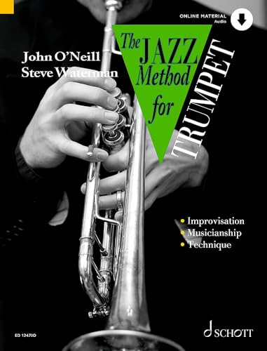 A person plays a trumpet on the cover of The Jazz Method for Trumpet.