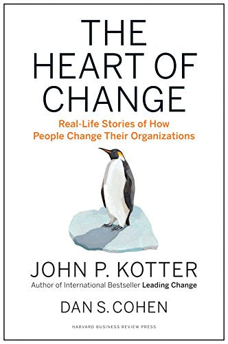 Book cover with a penguin on an iceberg, titled “The Heart of Change.”