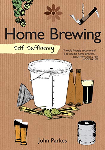 Book cover illustration of home brewing equipment, hops, and beer glasses.