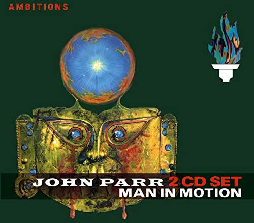 CD cover for John Parr’s “Man In Motion” featuring a golden mask and globe.