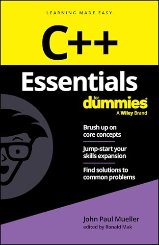 Book cover: "C++ Essentials For Dummies" with a cartoon face.