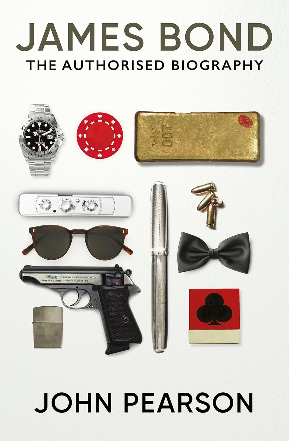 Book cover featuring James Bond iconography: watch, gun, cards, and pen.
