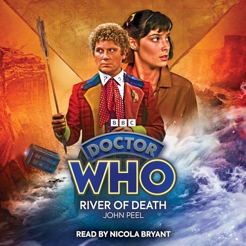 Sixth Doctor and companion against a canyon and swirling water backdrop.