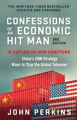 Book cover for Confessions of an Economic Hit Man featuring shipping containers with national flags.