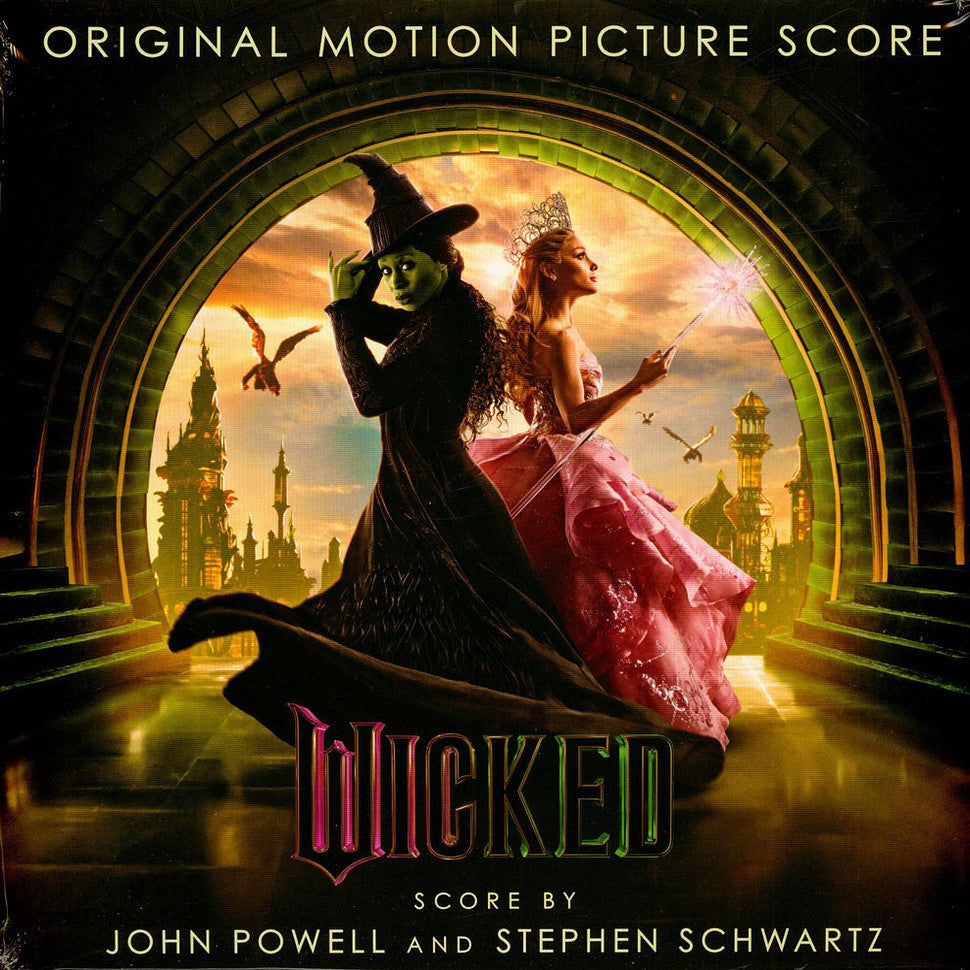 “Wicked” vinyl record cover featuring Elphaba and Glinda within an arched frame.