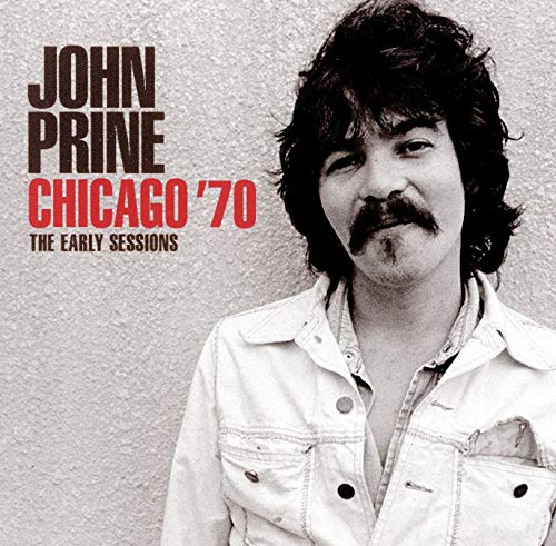 Black and white portrait of John Prine with text overlay on the left.