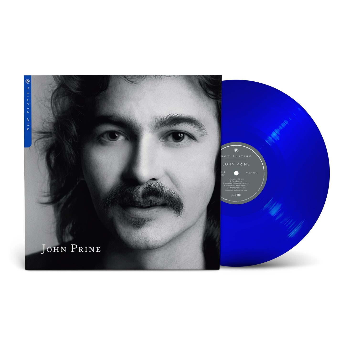 John Prine “Now Playing” vinyl record with blue record and portrait cover.