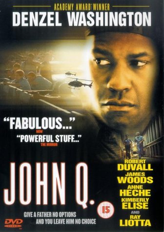 DVD cover for "John Q" featuring Denzel Washington’s portrait and hospital scene.