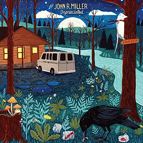 Album cover for John R. Miller’s “Depreciated” featuring a cabin, van, and raven.