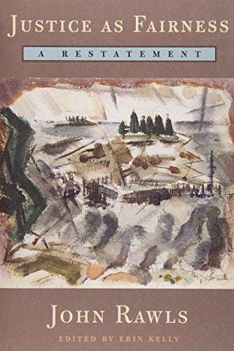 Book cover: “Justice as Fairness” by John Rawls, with landscape painting.