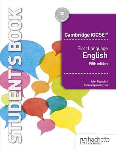 Cambridge IGCSE First Language English textbook, fifth edition, with speech bubbles.