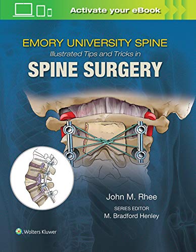 Book cover: "Emory's Illustrated Tips and Tricks in Spine Surgery" with spinal anatomy.