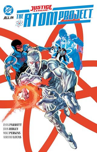 Comic book cover featuring superheroes, including The Atom, with red and white design.