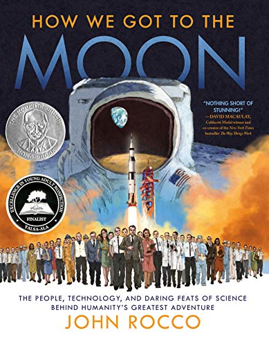 Book cover: “How We Got to the Moon” with astronaut helmet and launch scene.