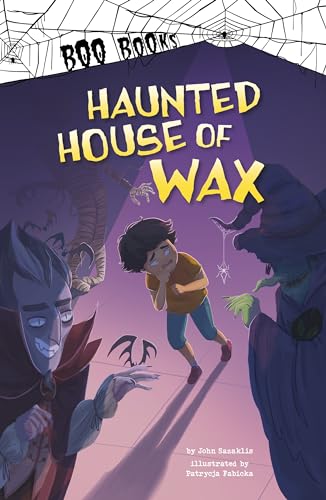 Haunted House of Wax" book cover with spooky characters and a boy running.