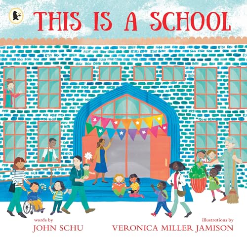 Colorful illustration of a school building with diverse children outside.