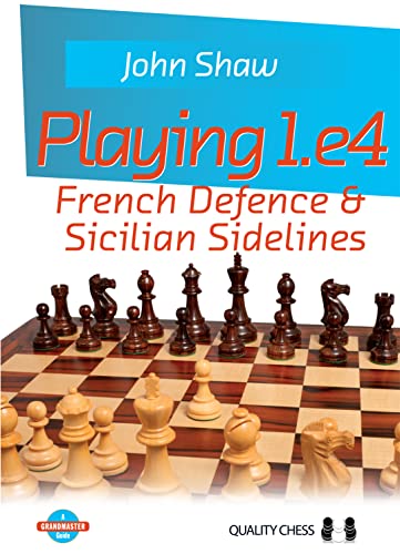 Chess book cover with white and black pieces, titled "Playing 1.e4".