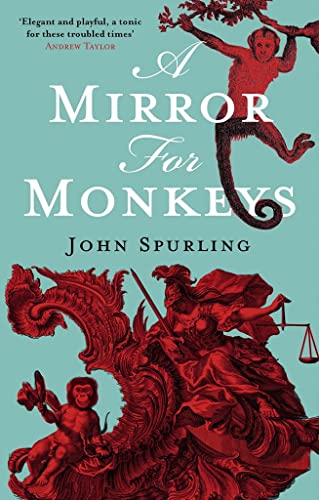 Book cover: “A Mirror For Monkeys” with monkeys and ornate red design.