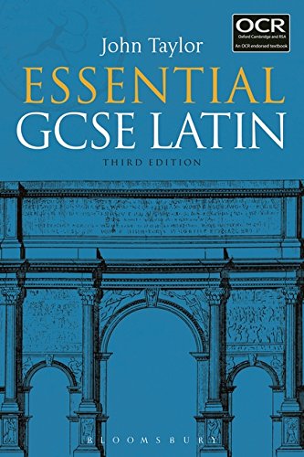 Blue textbook cover for “Essential GCSE Latin, Third Edition” with Roman architecture.