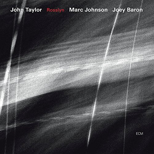 "Album cover with black and white abstract design and artist names at the top."
